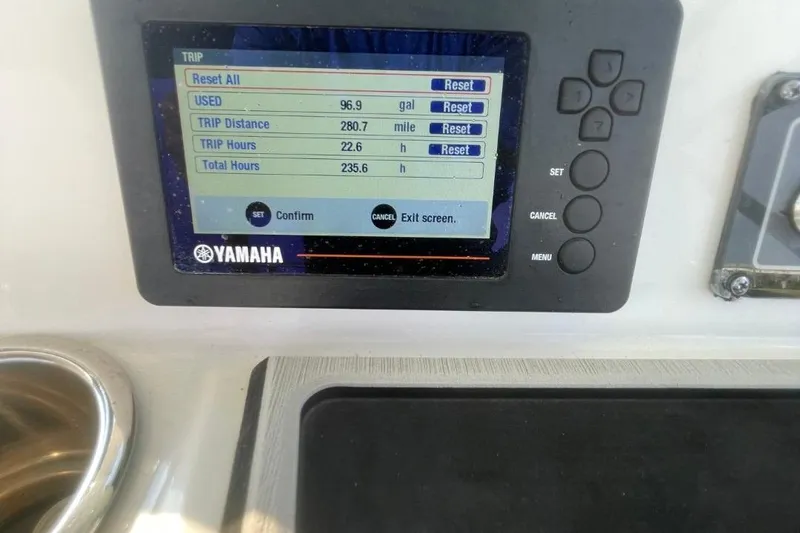 Slide: The Image of Yamaha display on 2020 Sea Fox 248 Commander showing trip data and fuel usage. - 11