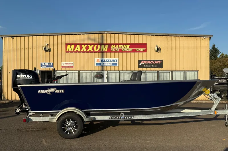 Slide: The Image of 2026 Fish Rite River Master 18 boat on trailer at Maxxum Marine dealership. - 1