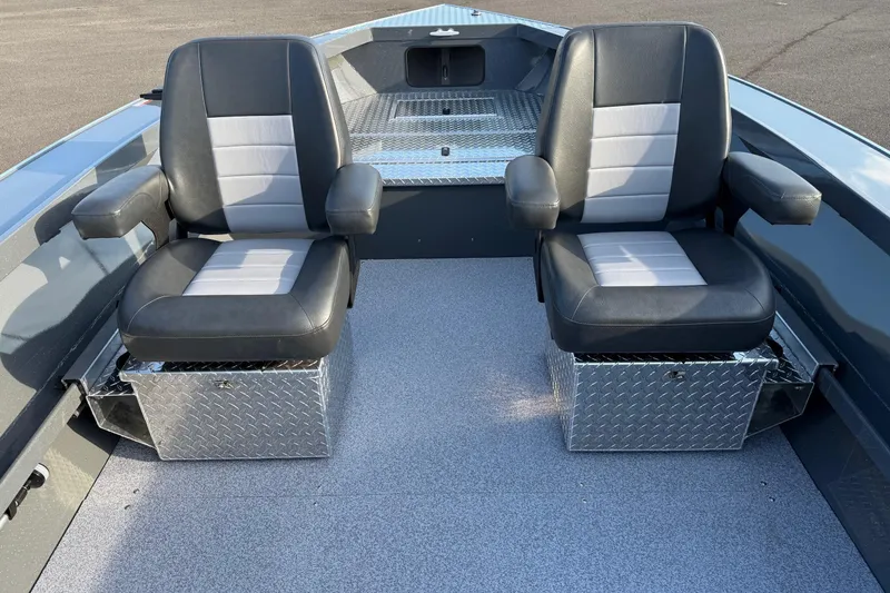 Slide: The Image of 2026 Fish Rite River Master 18 boat interior with two cushioned seats. - 16