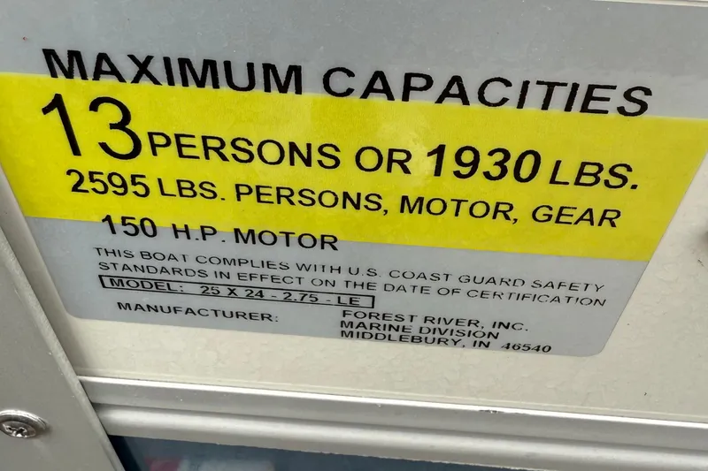 Slide: The Image of Maximum capacity label for Berkshire 24RFX LE 2.75, 2025 model, 13 persons or 1930 lbs. - 26