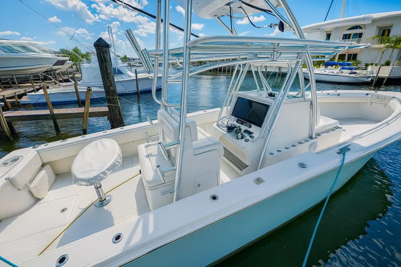 Slide: The Image of 2017 Sea Hunter 39 boat with sleek design, docked in a marina under a sunny sky. - 10