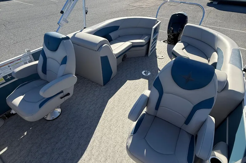 Slide: The Image of 2025 Berkshire 22RFX LE 2.75 pontoon boat interior with plush seating and modern design. - 20