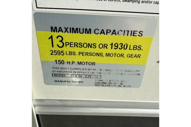 Slide: The Image of 2025 Berkshire 24CL 2.75 LE capacity label: 13 persons or 1930 lbs, 150 HP motor. - 17