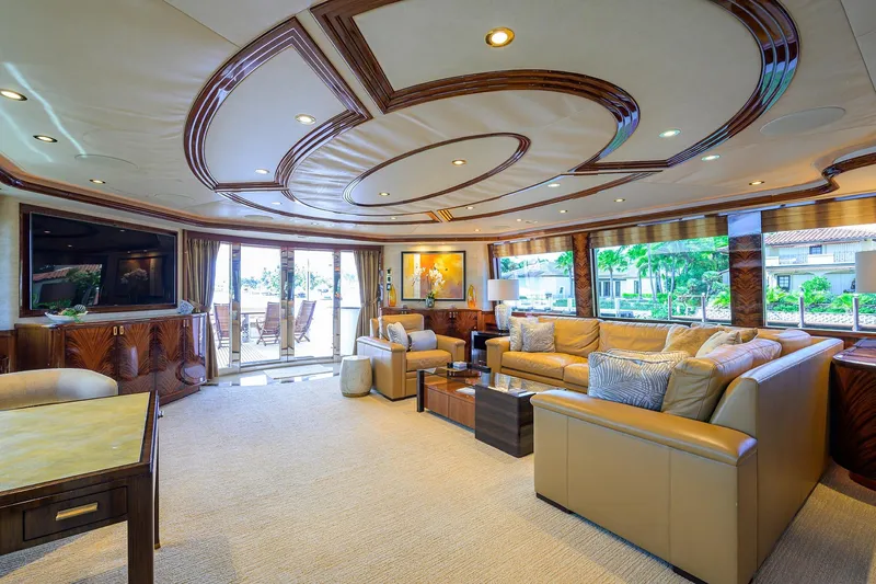 Slide: The Image of Luxurious interior of 2014 Westport 112 yacht with elegant seating and large windows. - 7