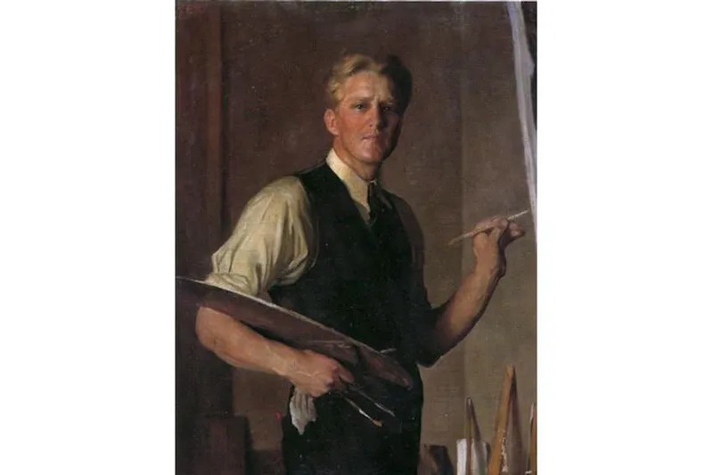 Slide: The Image of Portrait of an artist holding a palette and brush, wearing a vest and shirt. - 53