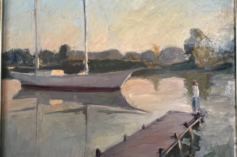 Slide: The Image of Painting of a 1955 Classic Custom Full Keel Ketch at a serene dock. - 54