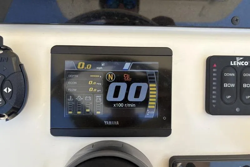 Slide: The Image of Yamaha digital display on 2022 Scout 231 XSB boat dashboard, showing speed and engine metrics. - 14