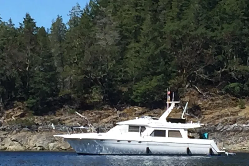 Slide: The Image of White 2000 Navigator 53 yacht anchored near a forested shoreline. - 3