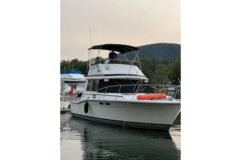 The Image of 1978 Silverton F32 boat docked on calm water with scenic background. - 1