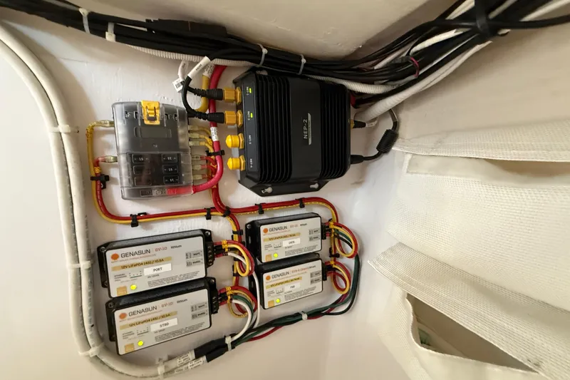 Slide: The Image of Electrical system of a 2018 J Boats J/121, featuring Genasun components and wiring. - 33