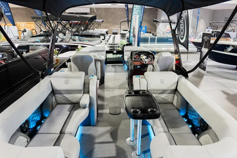Slide: The Image of 2026 Godfrey Monaco 255 Split Bench pontoon boat interior with modern seating and ambient lighting. - 39