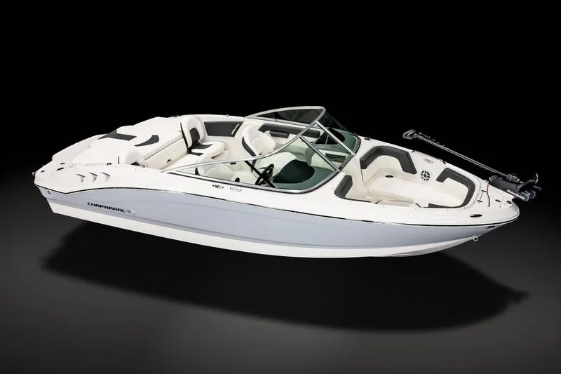 Slide: The Image of Manufacturer Provided Image: 2025 Chaparral 21 SSi Ski & Fish boat, sleek design, white and gray exterior. - 12