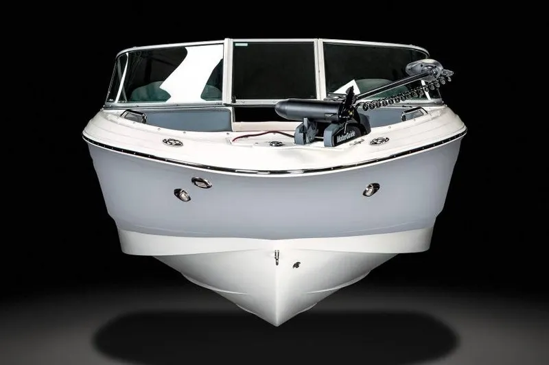 Slide: The Image of Manufacturer Provided Image: 2025 Chaparral 21 SSi Ski & Fish boat, front view, sleek design, black background. - 13