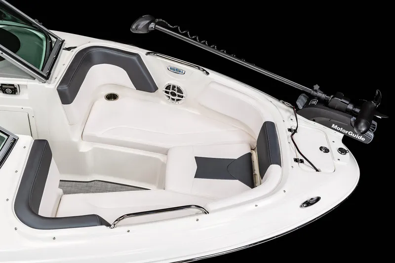 Slide: The Image of Manufacturer Provided Image: 2025 Chaparral 21 SSi Ski & Fish boat interior with seating and trolling motor. - 2