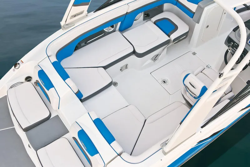 Slide: The Image of Manufacturer Provided Image: 2017 Chaparral Vortex 203 VR boat interior with blue and white seating. - 20