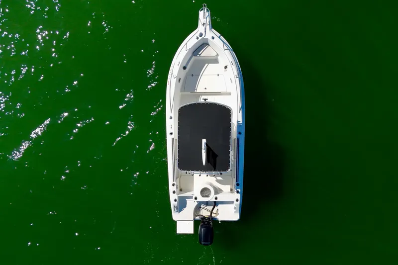 Slide: The Image of Overhead view of 2001 Aquasport 205 Osprey boat on green water. - 4