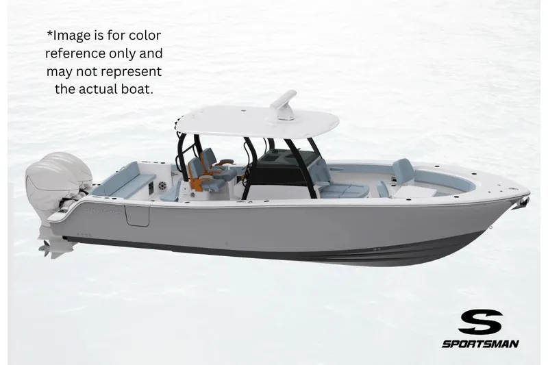 The Image of 2026 Heritage 321 boat, side view, gray color, Sportsman logo, water background. - 1