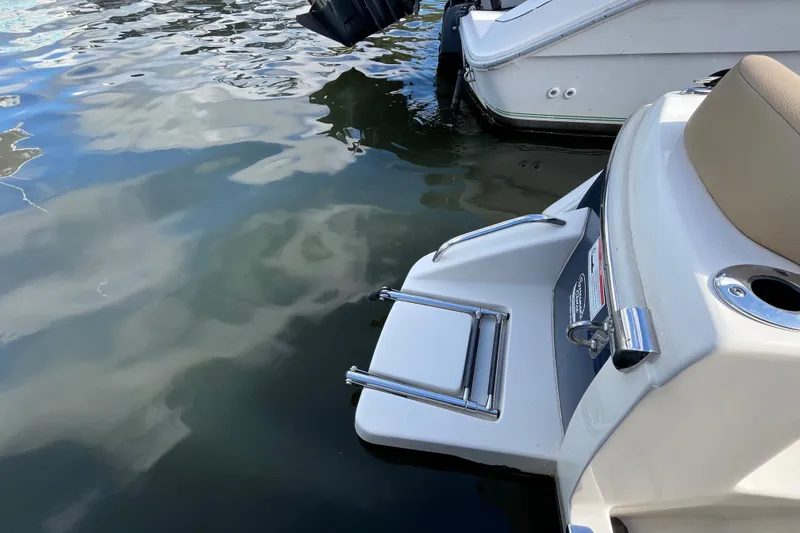 Slide: The Image of 2020 Scout 195 Sportfish boat with swim platform and ladder on calm water. - 27