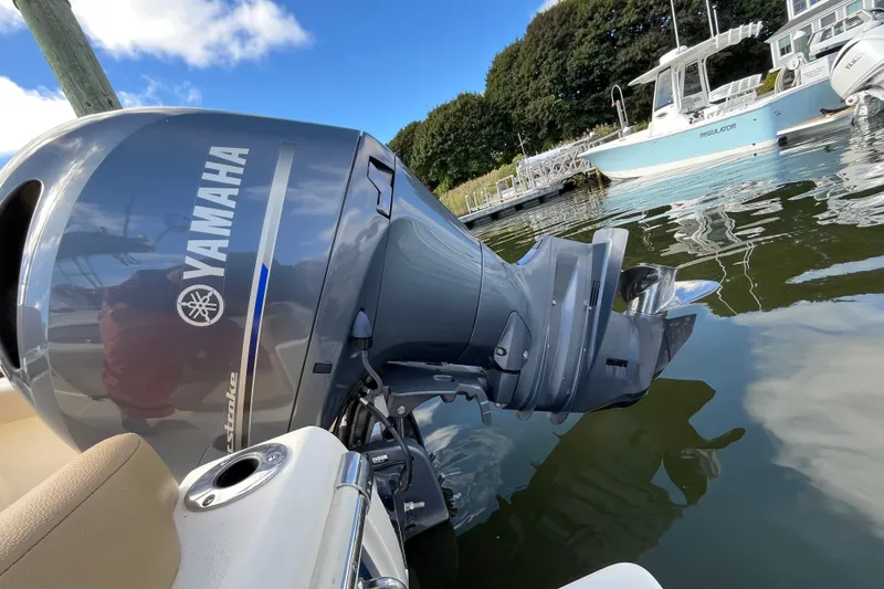 Slide: The Image of Yamaha outboard motor on 2020 Scout 195 Sportfish boat, docked in marina. - 28