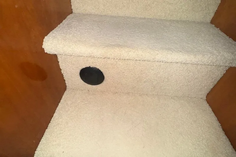 Slide: The Image of Carpeted stairs inside 2004 Carver 564 Cockpit Motor Yacht, featuring wooden paneling. - 46