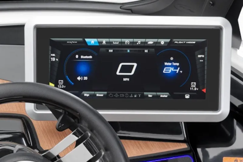 Slide: The Image of Dashboard of 2026 Yamaha Boats 222SD, featuring digital display and steering wheel. - 2