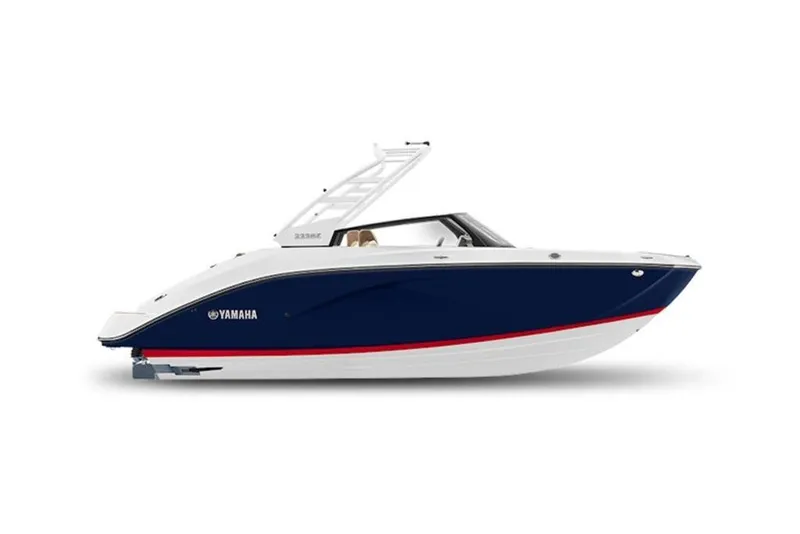 Slide: The Image of 2026 Yamaha Boats 222SE, sleek blue and white design, side view. - 1