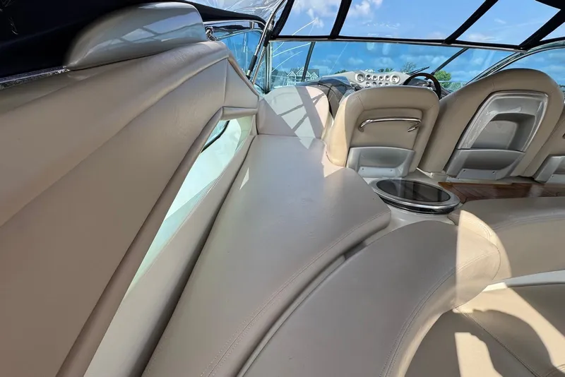 Slide: The Image of Luxurious interior of 2009 Cranchi Mediterranee 43 yacht with beige leather seating. - 11