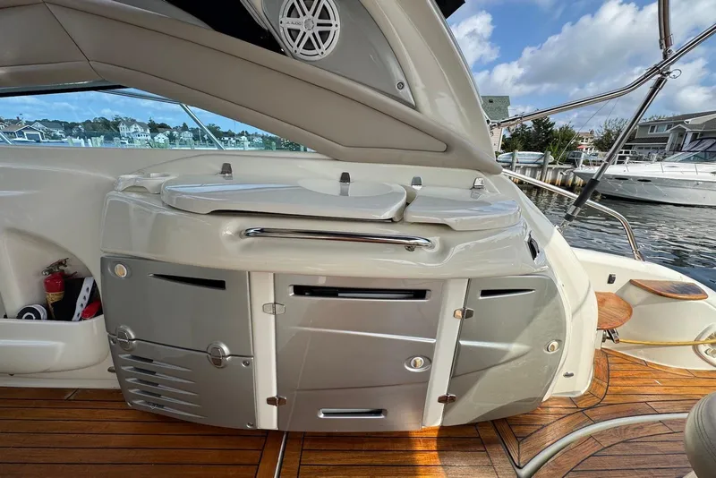 Slide: The Image of 2009 Cranchi Mediterranee 43 yacht interior with sleek cabinetry and wooden flooring. - 19