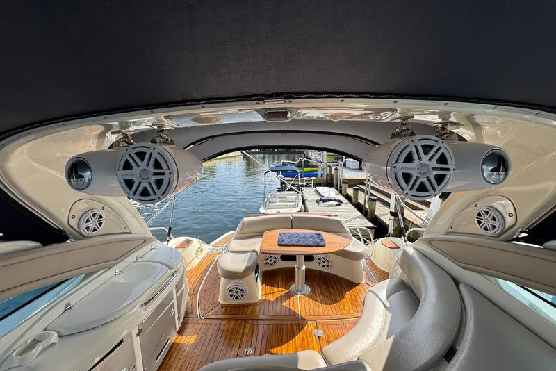 Slide: The Image of Luxurious 2009 Cranchi Mediterranee 43 yacht interior with plush seating and modern sound system. - 9