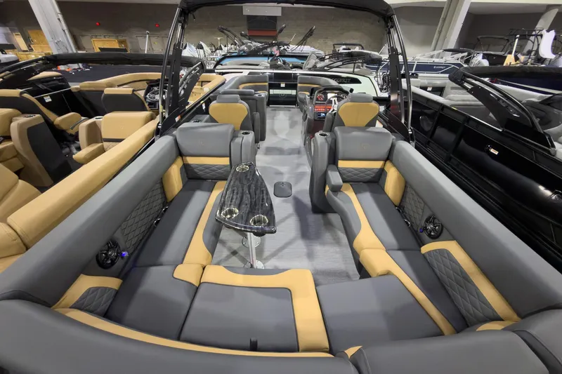 Slide: The Image of Luxurious interior of 2026 Godfrey Monaco 255 Ultra Lounge pontoon boat with plush seating. - 29