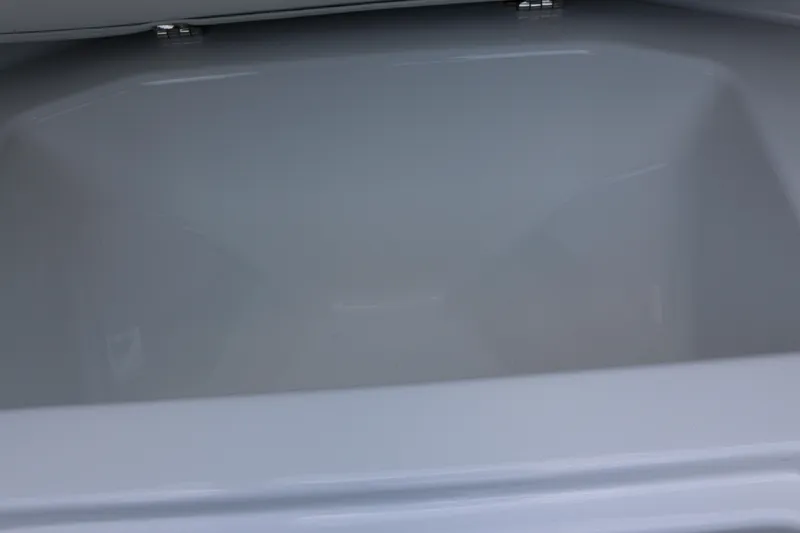 Slide: The Image of Empty storage compartment of 2026 Scarab 255 LX boat, featuring a sleek, gray interior. - 25