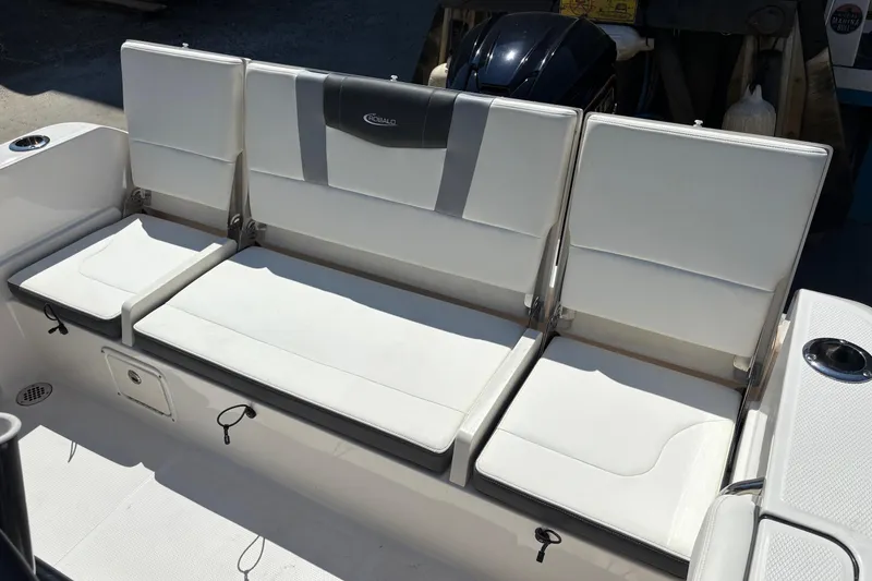 Slide: The Image of 2022 Robalo R230 Center Console dashboard with Garmin display and steering wheel. - 10