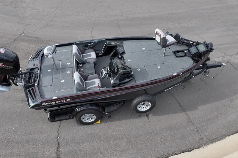 Slide: The Image of 2024 Ranger Z518 boat, aerial view, showcasing spacious deck and seating arrangement. - 18