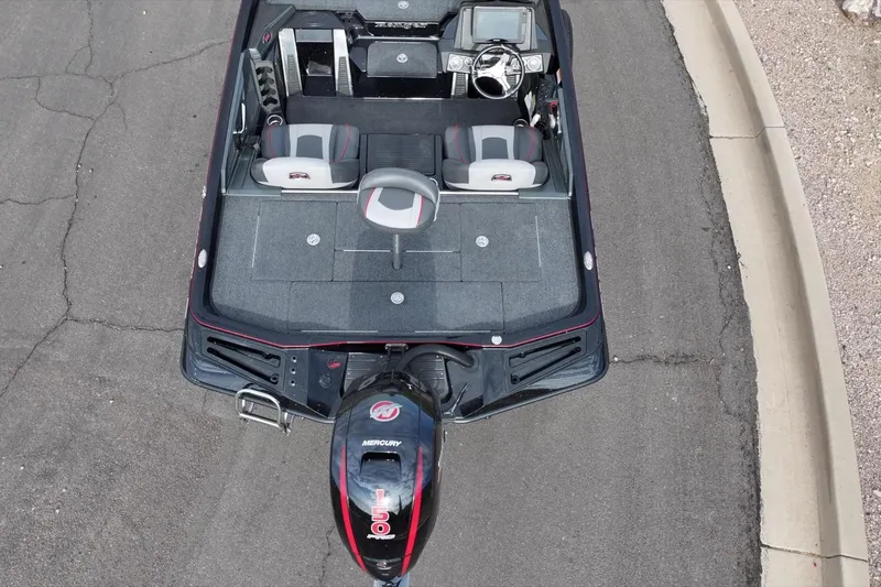 Slide: The Image of 2024 Ranger Z518 boat, aerial view, showcasing interior layout and Mercury engine. - 6