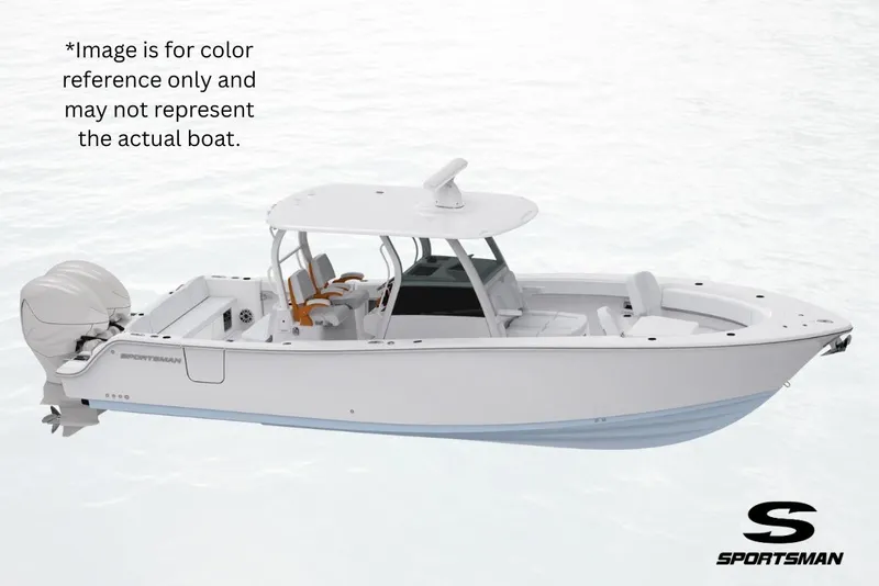 The Image of 2026 Sportsman Masters 247OE Bay Boat, side view, white color, on water background. - 2
