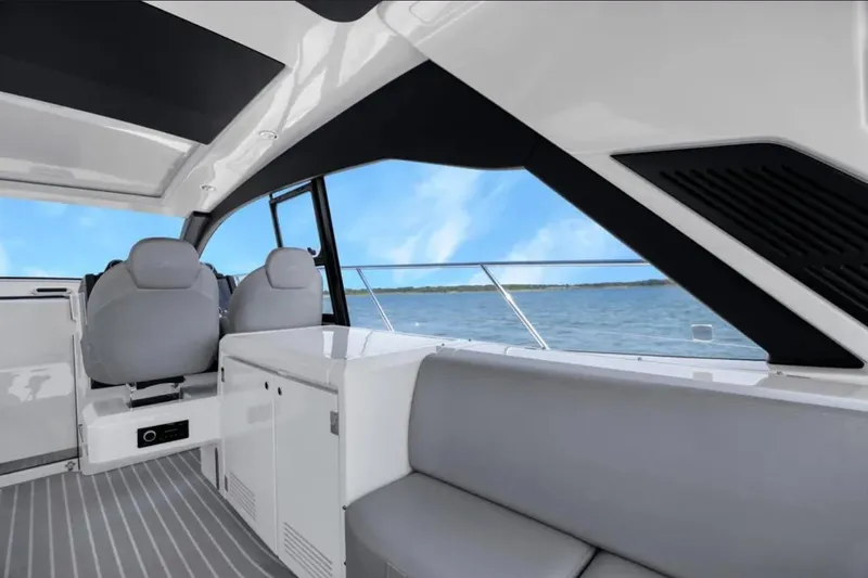 Slide: The Image of Interior of 2020 Azimut 51 Atlantis yacht with modern seating and ocean view. - 41