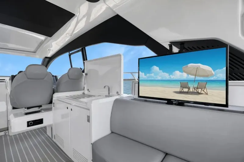 Slide: The Image of Interior of 2020 Azimut 51 Atlantis yacht with modern seating and ocean view. - 42