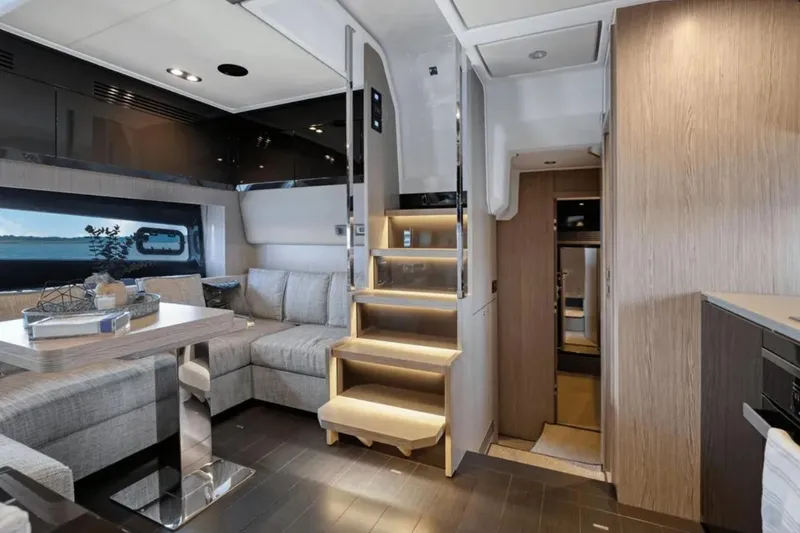 Slide: The Image of Luxurious interior of 2020 Azimut 51 Atlantis yacht with modern decor and ocean view. - 51
