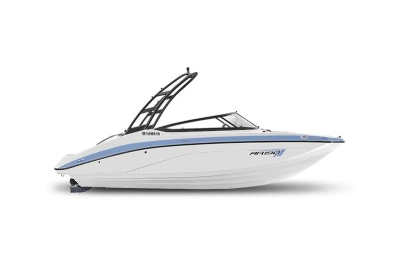 Slide: The Image of 2026 Yamaha Boats AR190, sleek white and blue design, side view. - 1