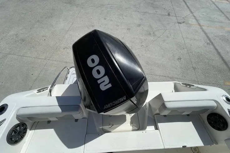 Slide: The Image of 2020 Mako 214 Center Console boat with Mercury outboard motor, viewed from above. - 8