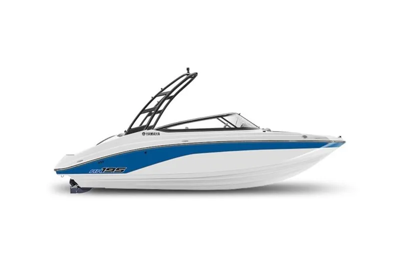 Slide: The Image of 2025 Yamaha Boats AR195, sleek white and blue design, side view. - 1