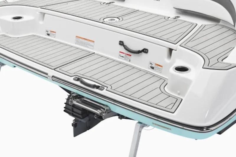 Slide: The Image of 2025 Yamaha Boats AR195 swim platform with sleek design and integrated features. - 2