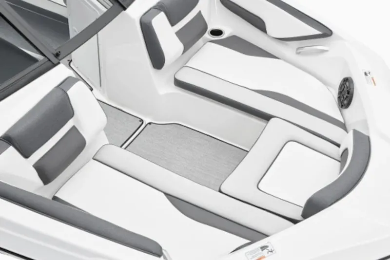 Slide: The Image of 2025 Yamaha Boats AR195 interior with sleek white and gray seating design. - 3
