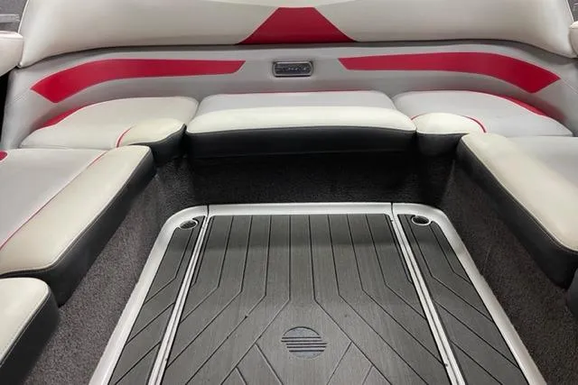 Slide: The Image of Interior seating of 2017 Malibu Wakesetter 23 LSV boat with red and gray accents. - 7