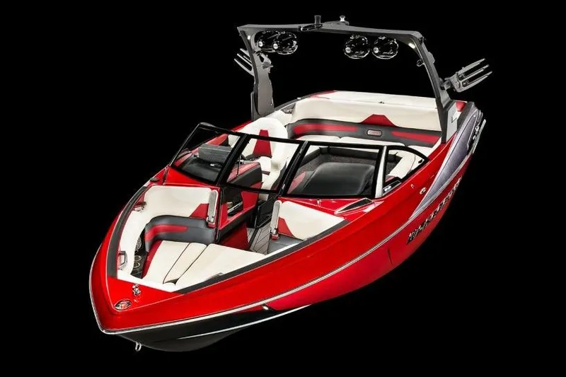 Slide: The Image of Manufacturer Provided Image: 2017 Malibu Wakesetter 23 LSV boat, red and white interior, black background. - 8