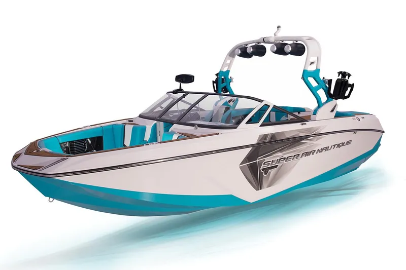 Slide: The Image of Manufacturer Provided Image: 2018 Nautique Super Air G23 boat, white and teal, side view. - 7