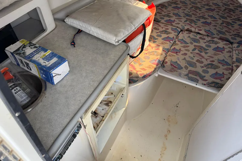 Slide: The Image of 1999 Hydra-Sports VECTOR 2650 WA cabin interior with sink, storage, and patterned bedding. - 13