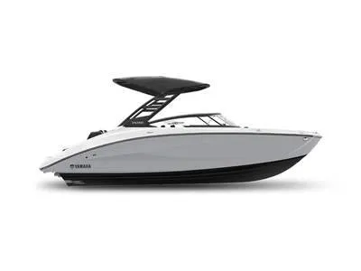 Slide: The Image of 2025 Yamaha Boats 252SD, sleek white design with black accents, side view. - 1