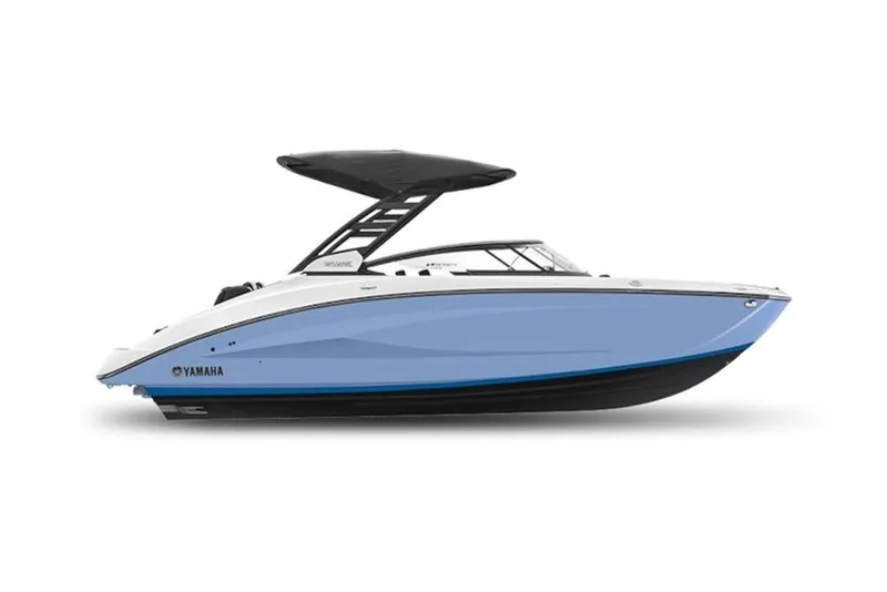 Slide: The Image of 2026 Yamaha Boats 252SE, sleek blue and white design, modern canopy, side view. - 0