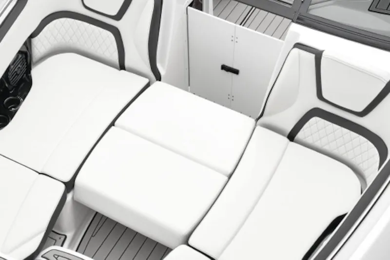 Slide: The Image of 2026 Yamaha Boats 252SE interior with white cushioned seating and modern design. - 4